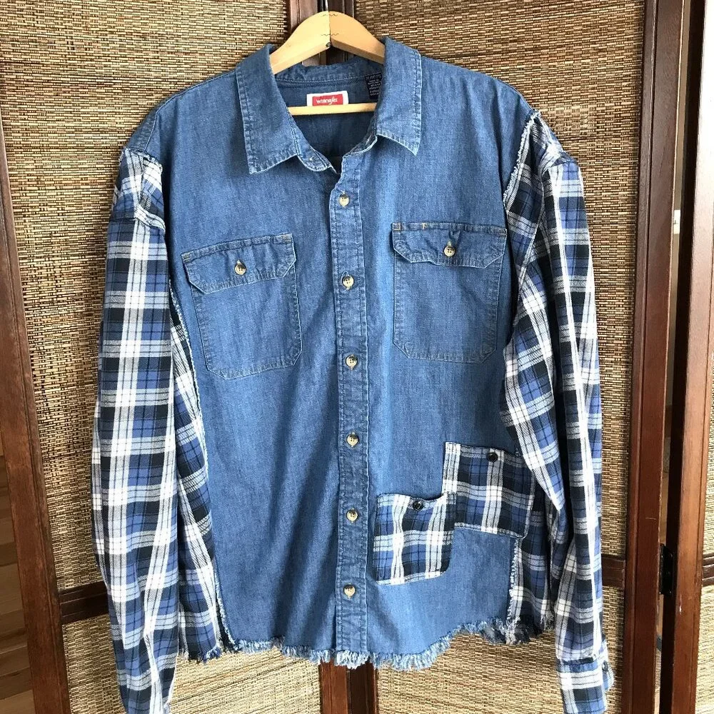 Upcycled Denim Plaid Flannel Jean Jacket, Boho Patchwork Shirt Plus Size XL - 2X - Picture 8 of 9